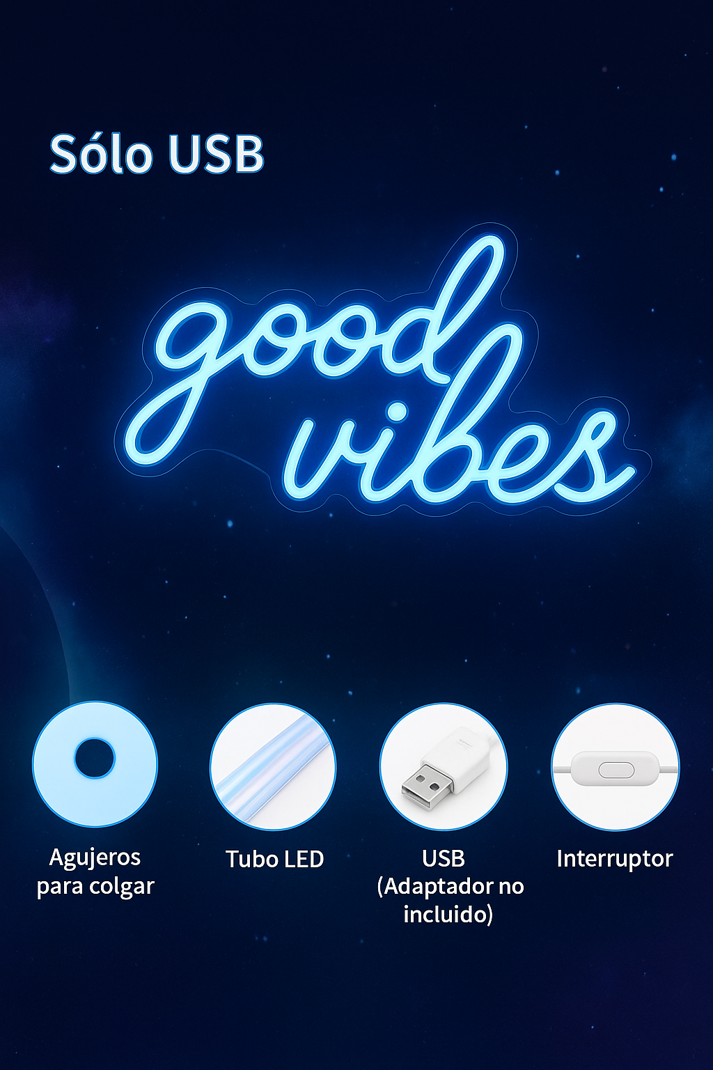 Good Vibes Neon Sign for Bedroom Wall Decor Powered by USB Neon Light, Ice Blue Color,16.1"X8.3"X0.6"