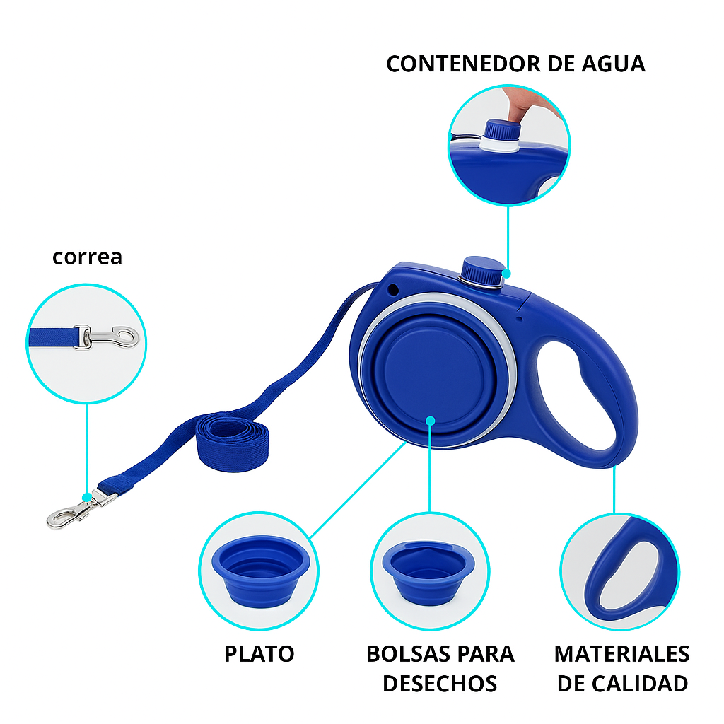 Correa Retráctil 4 en 1 para Perros – Nylon Resistente con Botella de Agua y Tazón Portátil