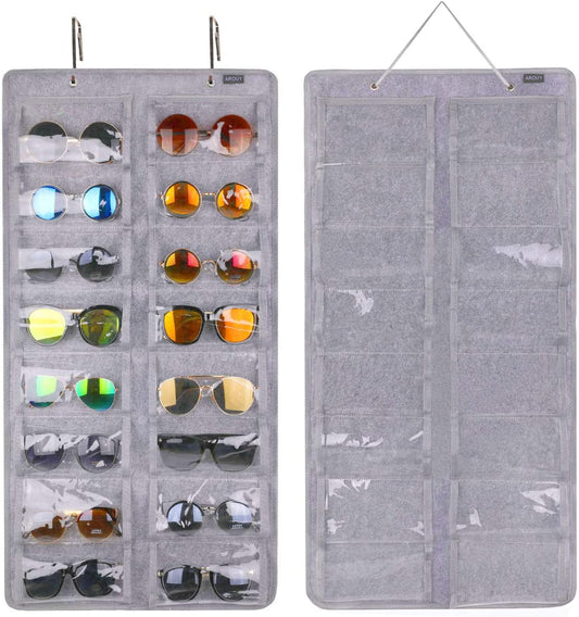 Organizador Colgante para Gafas con 16 Compartimentos de Fieltro – Antipolvo con Gancho Metálico y Cuerda Resistente (Gris)