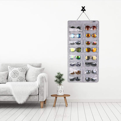Organizador Colgante para Gafas con 16 Compartimentos de Fieltro – Antipolvo con Gancho Metálico y Cuerda Resistente (Gris)