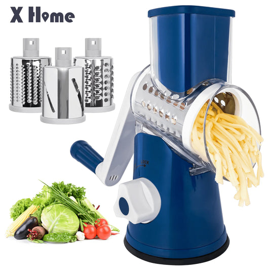 Rallador Giratorio de Queso y Verduras con Manivela y Base Antideslizante – Azul Marino