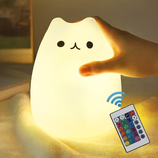 Lámpara de Gato Kawaii – Luz Nocturna de Silicona con Control Remoto, Recargable y Suave para Niños y Bebés (Set de 4, Blanca)