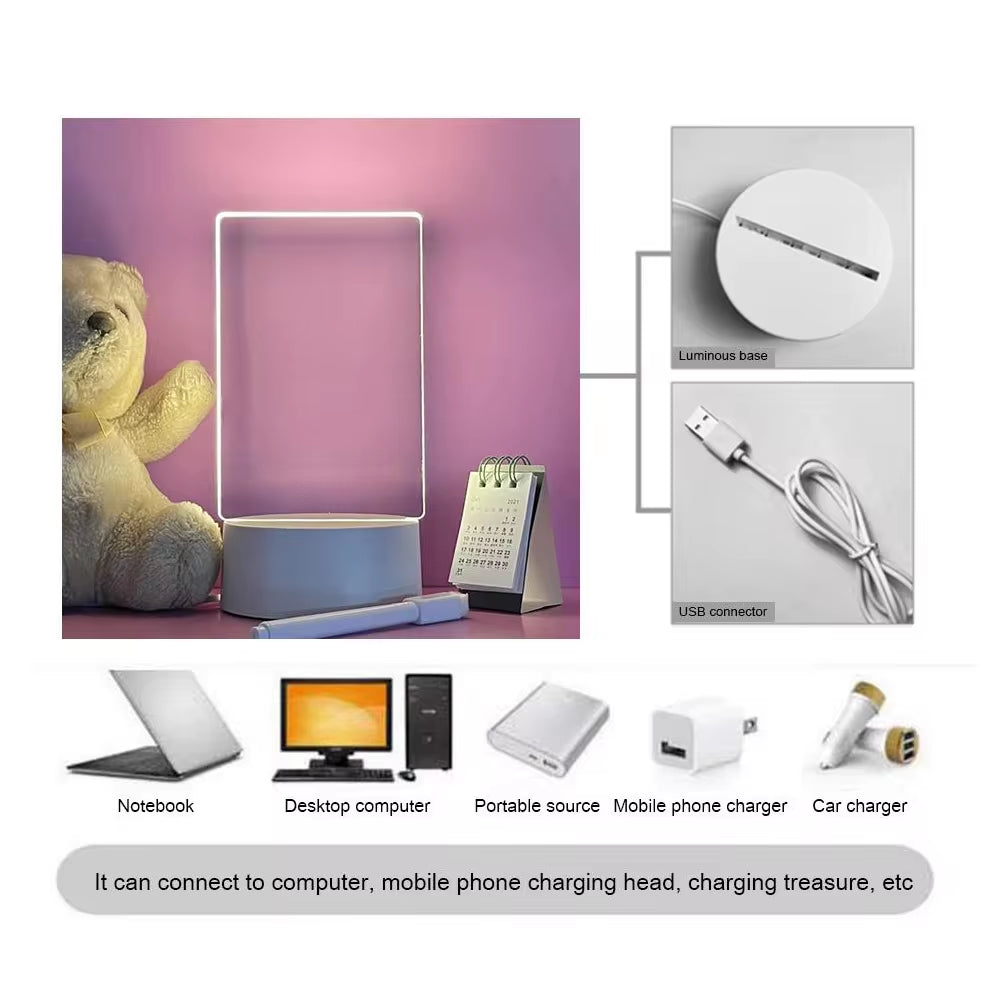 Luz Nocturna LED Transparente – Pizarra Acrílica USB para Mensajes y Notas