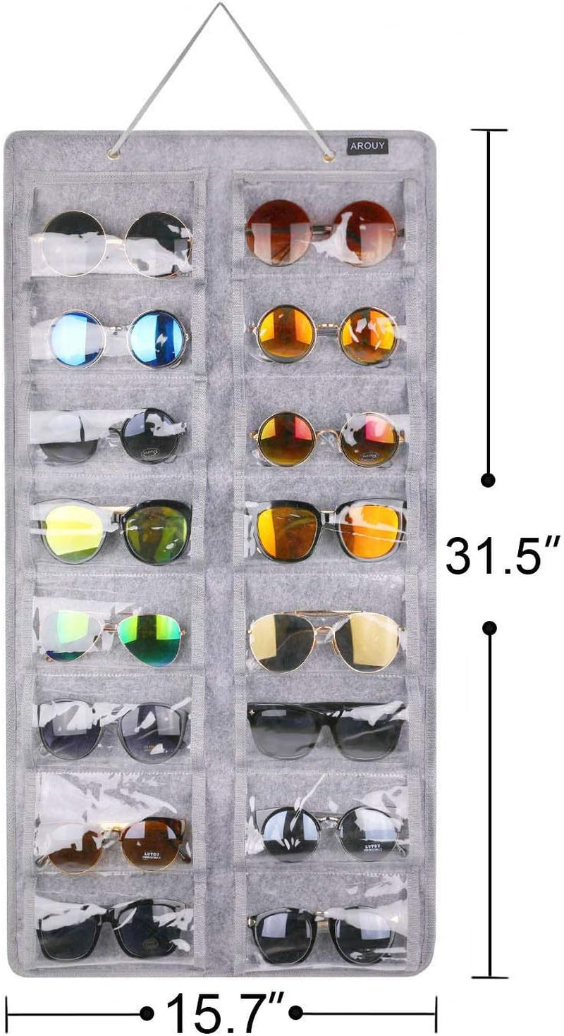 Organizador Colgante para Gafas con 16 Compartimentos de Fieltro – Antipolvo con Gancho Metálico y Cuerda Resistente (Gris)