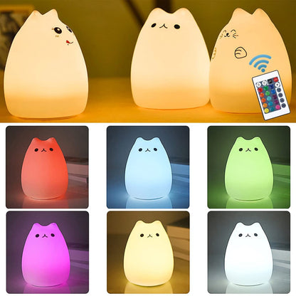 Lámpara de Gato Kawaii – Luz Nocturna de Silicona con Control Remoto, Recargable y Suave para Niños y Bebés (Set de 4, Blanca)