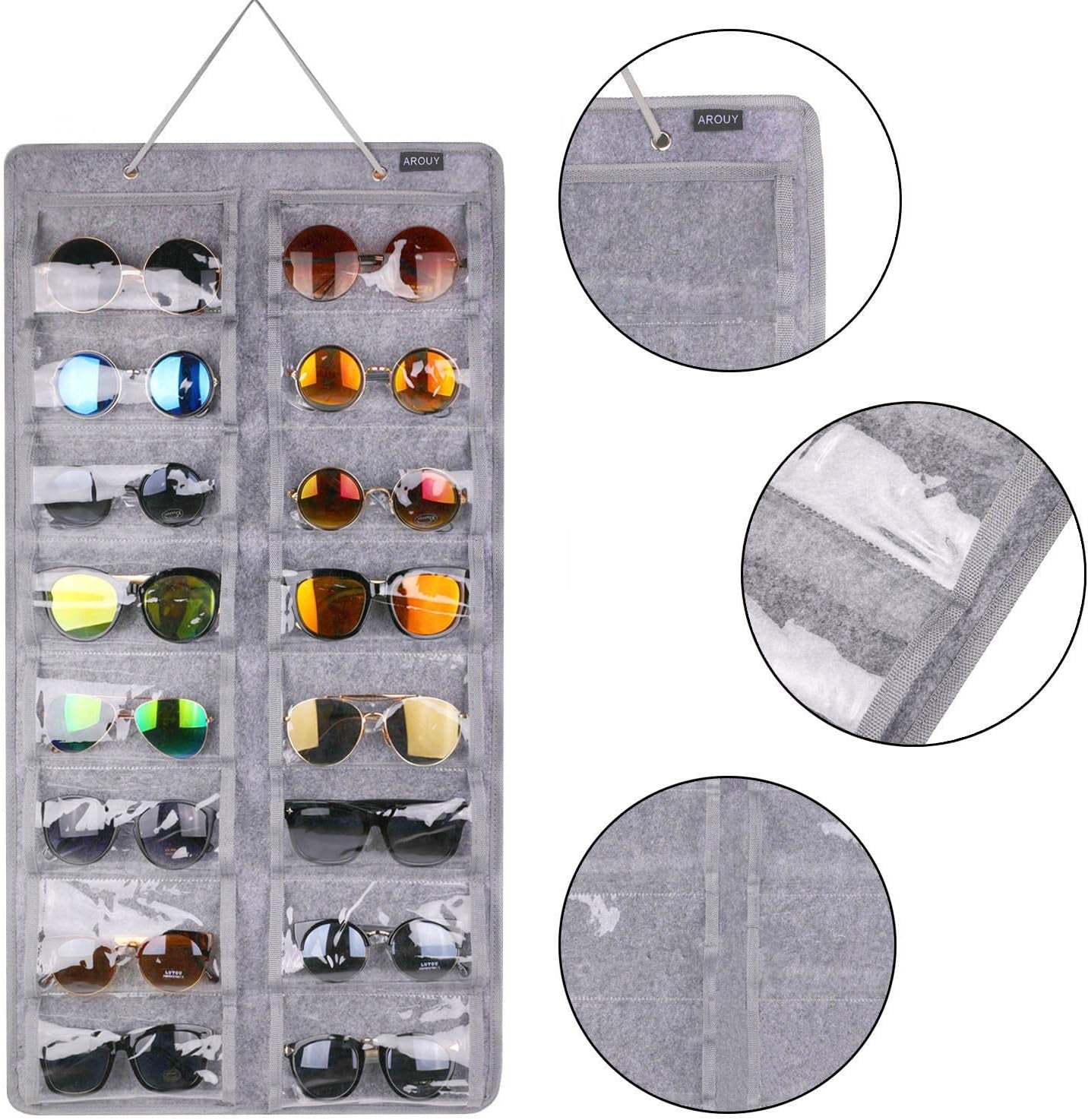 Organizador Colgante para Gafas con 16 Compartimentos de Fieltro – Antipolvo con Gancho Metálico y Cuerda Resistente (Gris)