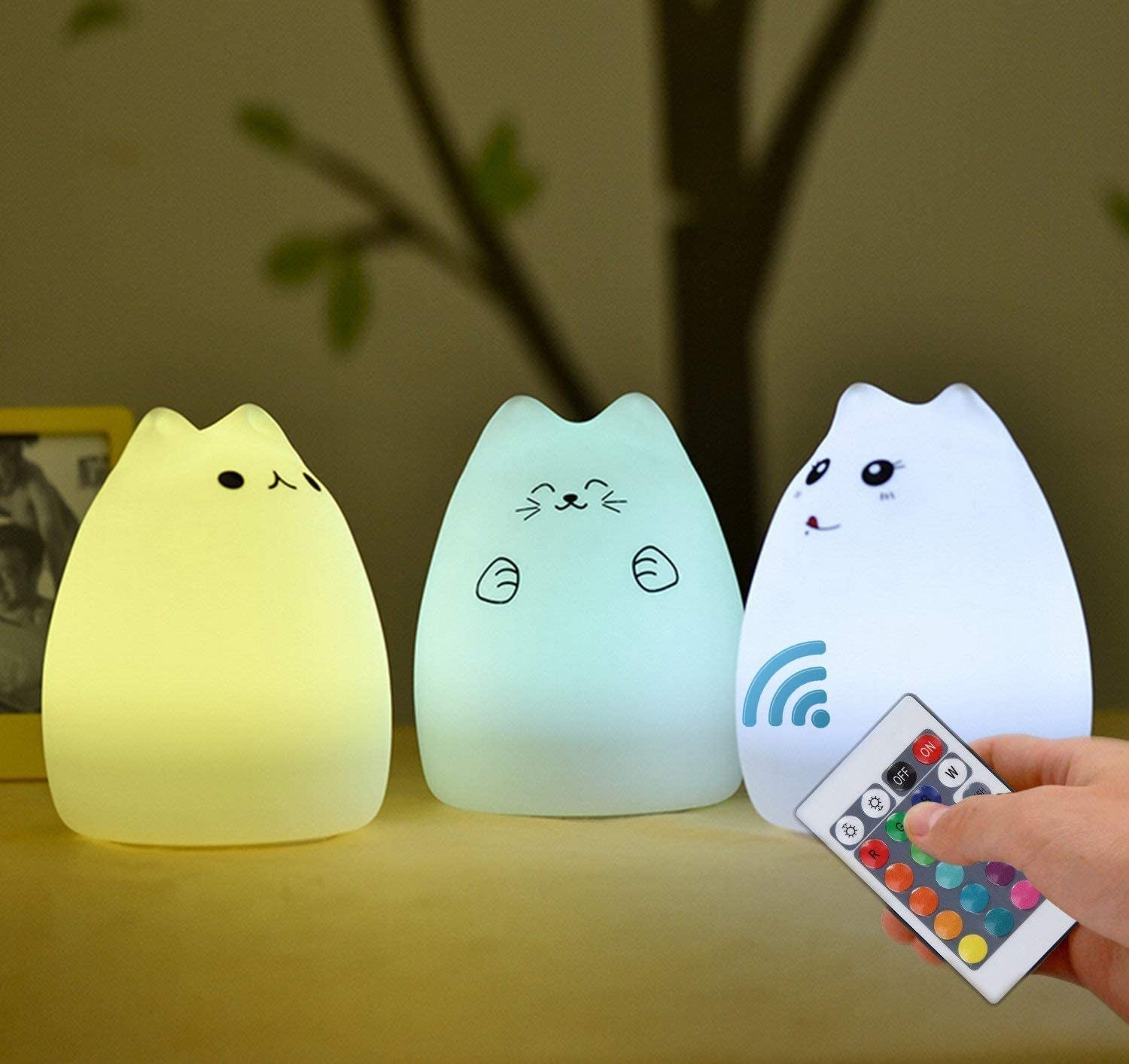 Lámpara de Gato Kawaii – Luz Nocturna de Silicona con Control Remoto, Recargable y Suave para Niños y Bebés (Set de 4, Blanca)