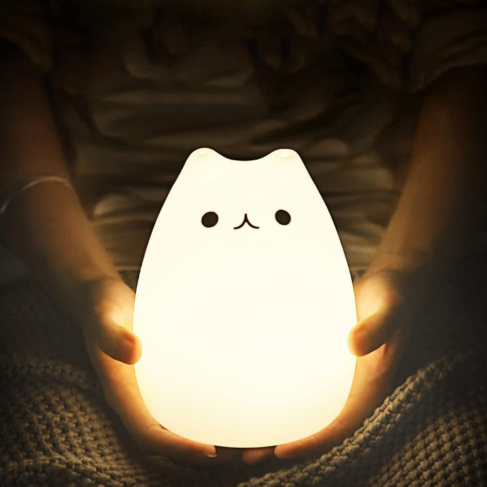 Lámpara de Gato Kawaii – Luz Nocturna de Silicona con Control Remoto, Recargable y Suave para Niños y Bebés (Set de 4, Blanca)
